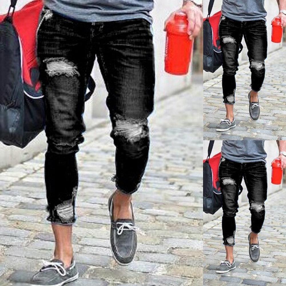 Arrived Men Biker Jeans Denim Ripped Holes Mid Waist Slim Supper Skinny Hip Hop Casual Jeans Men Clothes Plus Size O8R2: Black / XXXL