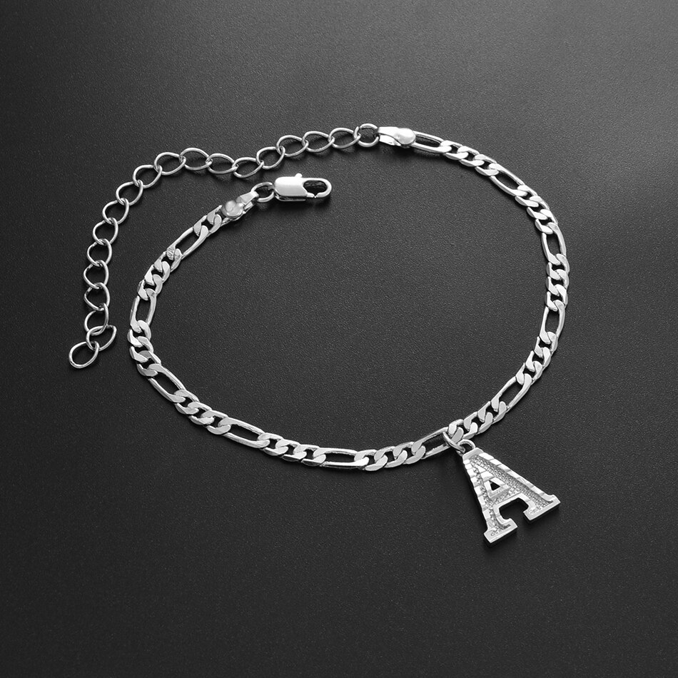 Anniyo 21cm + 10cm przedłużka do łańcuszka/A-Z początkowa kolor srebrny list Anklet kobiety alfabet biżuteria łańcuszek na kostkę Figaro łańcuchy # 233806B