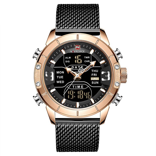 Naviforce Sport Analoge Digitale Horloges Mannen Luxe Rvs Sport Heren Horloges Digitale Waterdicht Man Horloge: black gold