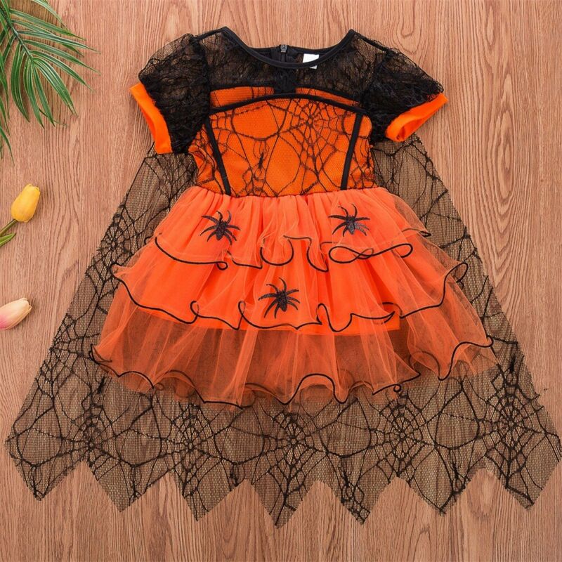 1-5Y Toddler Kids Baby Girl Halloween Dress Spider Cloak Witch Fancy Party Costume