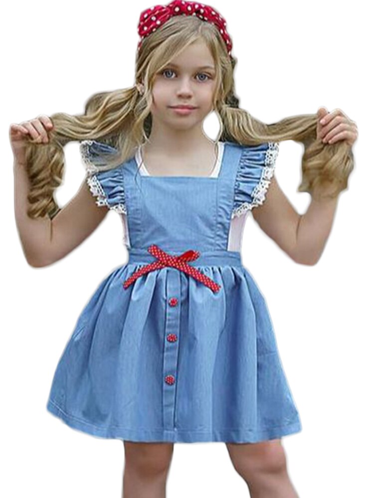 Baby Meisjes Katoenen T-shirt Jurk Kleding Set Zomer Kids Leuke Blauwe Jurken Met Boog En Knop Kant Ruche Mouw vestisdos