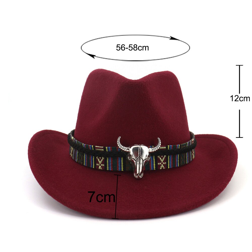 Chapéu de vaqueiro ocidental, chapéu de cowboy da moda, com cabeça de vaca, aba larga, chapéu de lã pop jazz, chapéu de inverno, tamanho 56-58cm