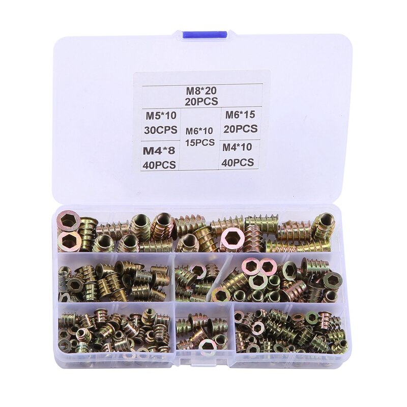 Threaded Inserts Nuts, Wood Insert Assortment Tool Kit, M4/M5/M6/M8 Furniture Screw Inserts Bolt Fastener(165 PCS): Default Title