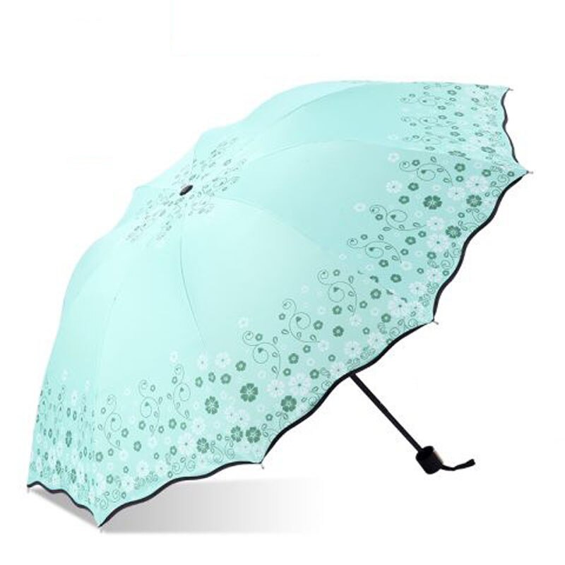 Hopfällbart paraply för kvinnor tryck blomma resor anti-uv vindtät regn blomma modig flicka solskydd parasoll bärbar: 108cm- blommor gröna