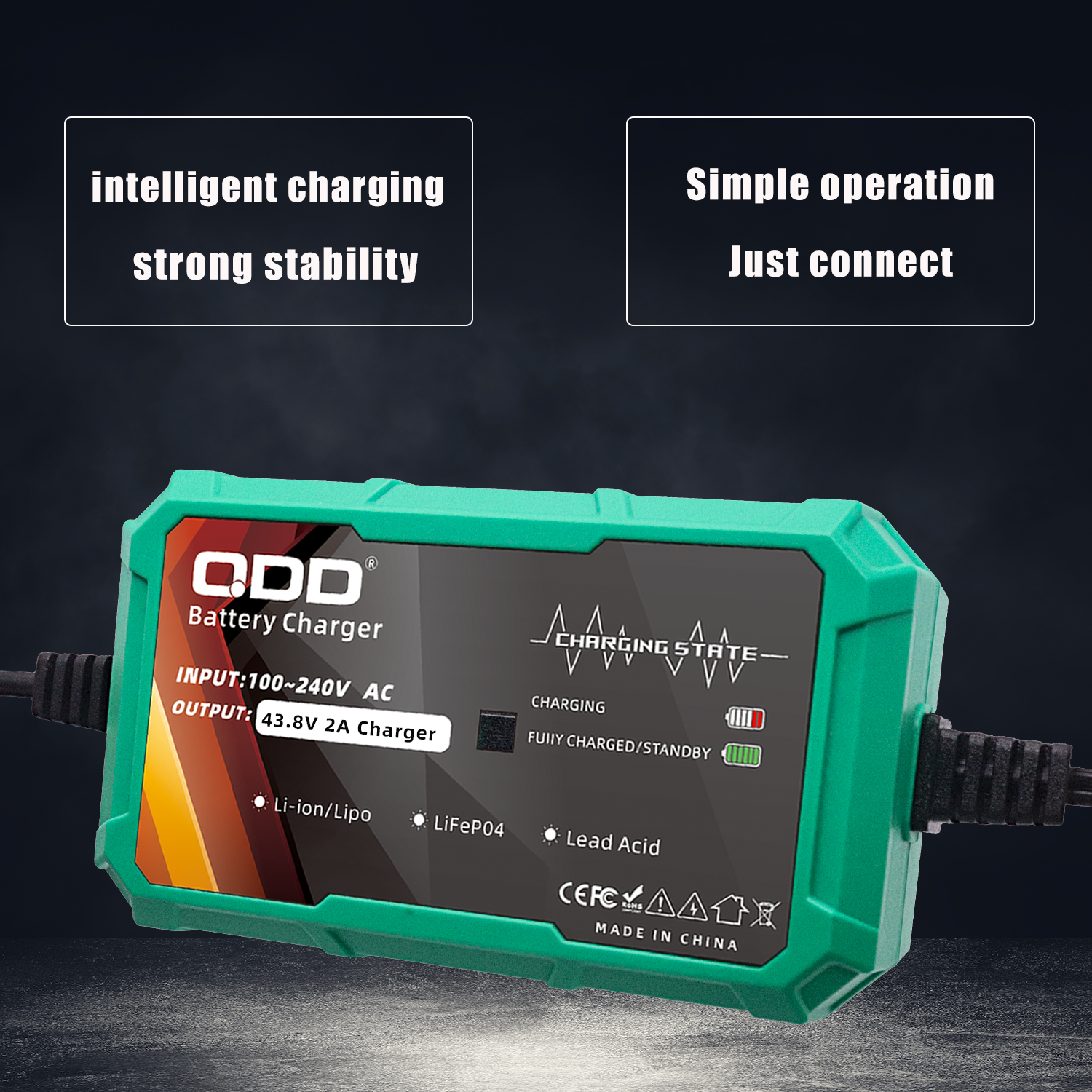 43.8V 2A LiFePO4 Battery Charger for 12S 38.4V Battery Pack LiFePO4 Battery Charger with Multiple Connectors