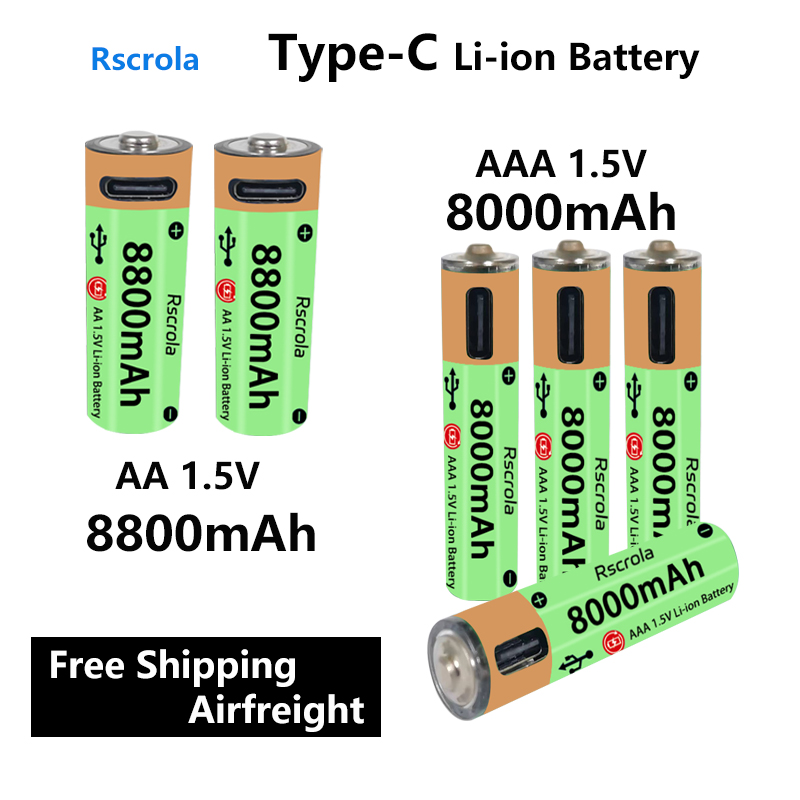 Baterías recargables AA AAA tipo C de alta capacidad, ciclo de larga duración, batería de iones de litio de 8800mAh y 8000mAh que funciona en temperatura extrema