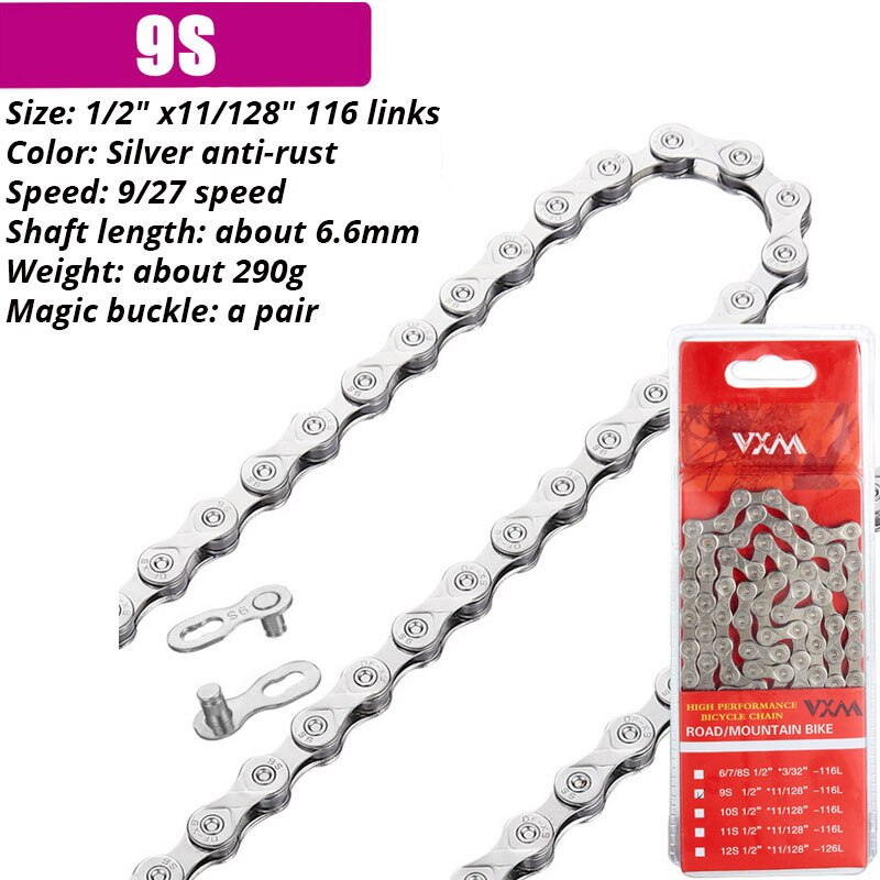 VXM-Cadena de plata antioxidante para bicicleta, eslabón rápido básico de 116L, 6, 7, 8, 9, 10, 11 y 12 velocidades, SHIMANO HG53, HG54, HG601, M6100: 9 Speed