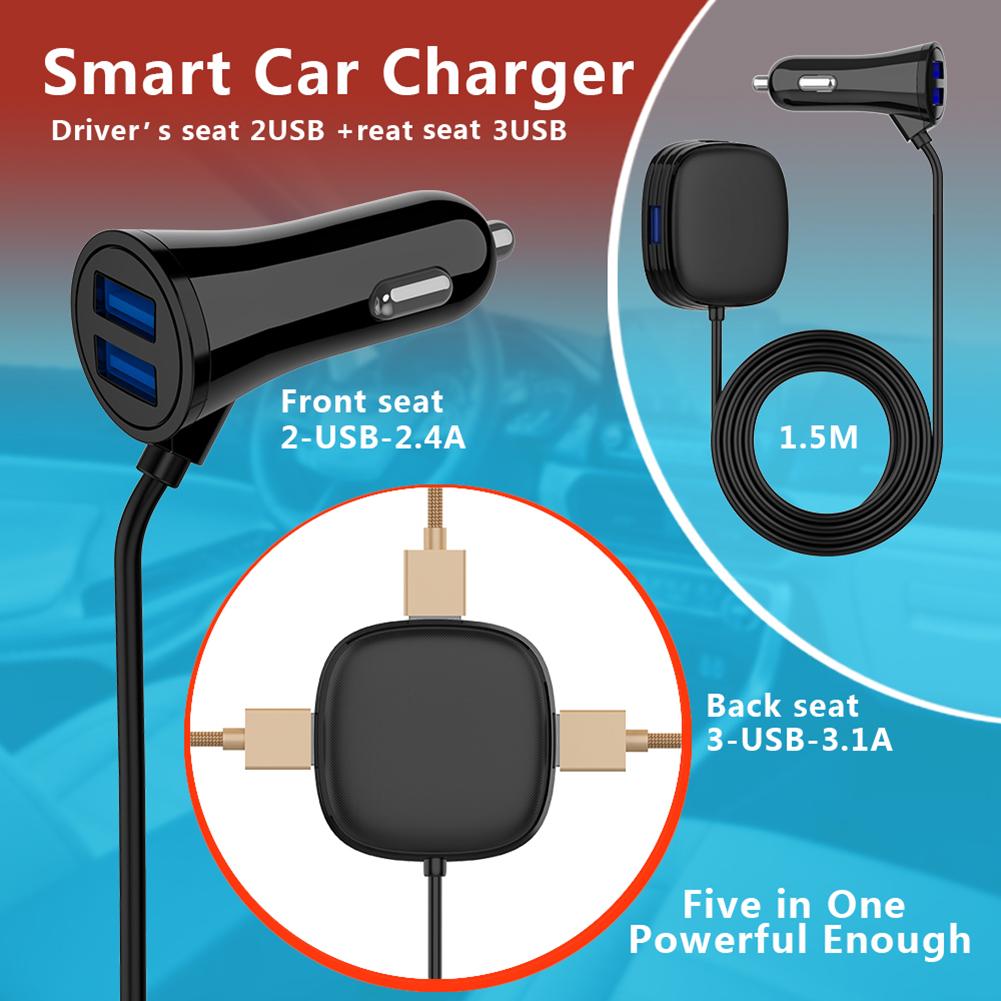 Rondaful Smart Car Charger Adapter Auto Usb Fast Charger Voorstoel 2 Usb-poorten Achterbank 3 Usb-poorten opladen Adapter