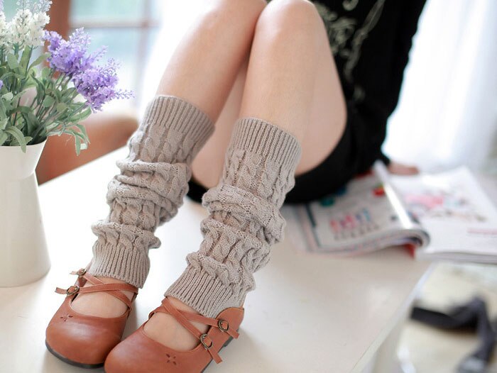 Women Winter Thigh High Leg Warmers Hemp Flowers Pattern Solid Color Knitted Crochet Long Socks Warm Boots Socks