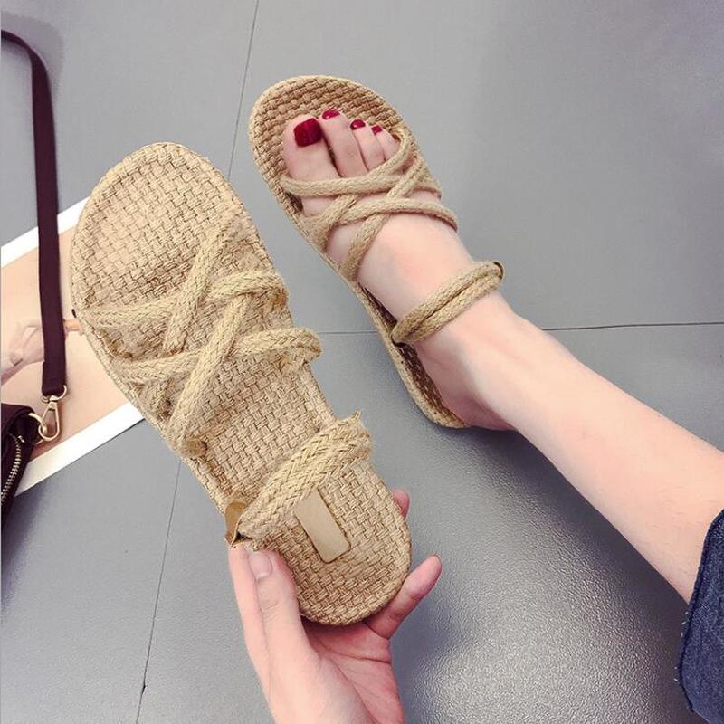 YEELOCA Hanf Seil Kreuz-krawatte Frauen Unterhose-an Strand Sandalen Pumps schneiden-aus Hausschuhe Frauen Schuhe Wohnungen zandalias De Verano Mujer