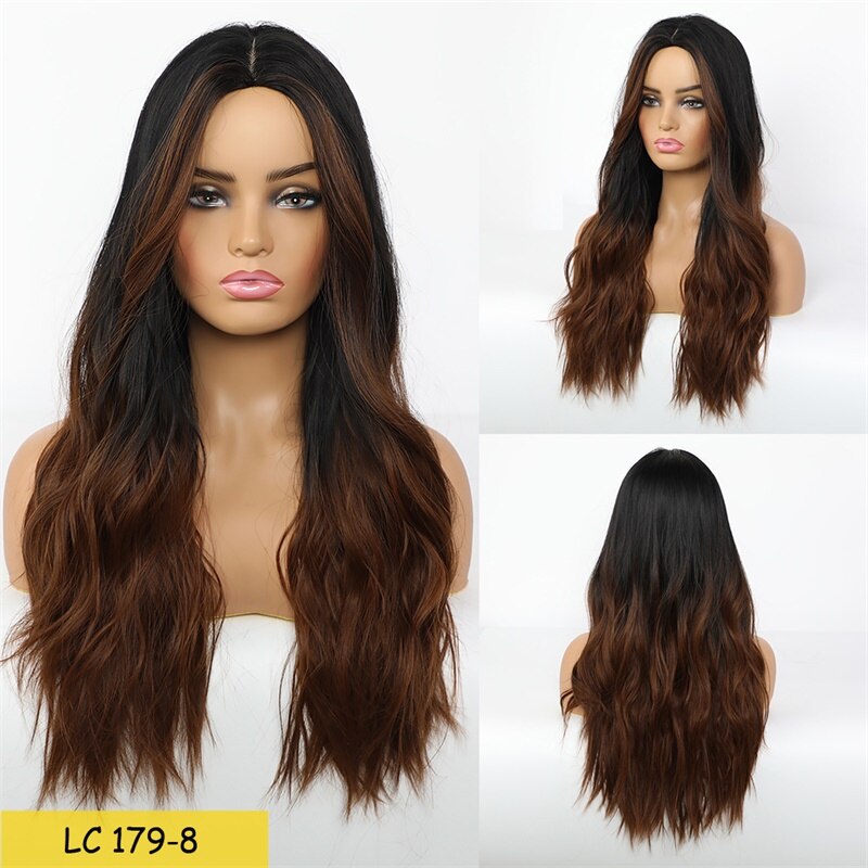 Pelucas largas de pelo sintético ondulado emmor, color castaño oscuro con reflejos rojizos y flequillo, con degradado de alta temperatura para uso diario.: Lc179-8
