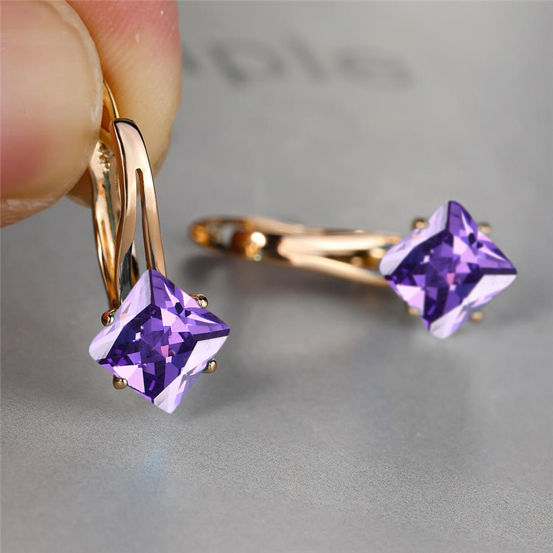 Brincos de casamento de cor de ouro rosa antigo arco-íris zircão quadrado brincos de pedra moda multicolorido cristal hoop brincos para mulher: Purple
