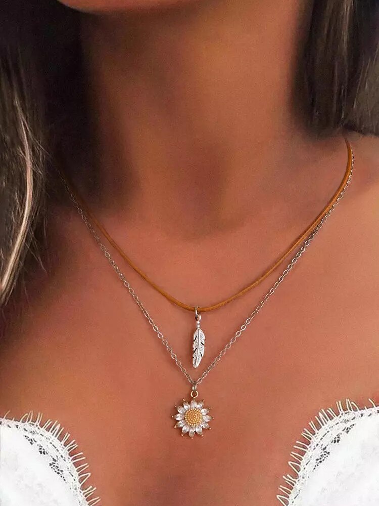 2 -piece set harajuku punk jewelry sunflower cross pendant necklace two layer women's choker long chain necklaces