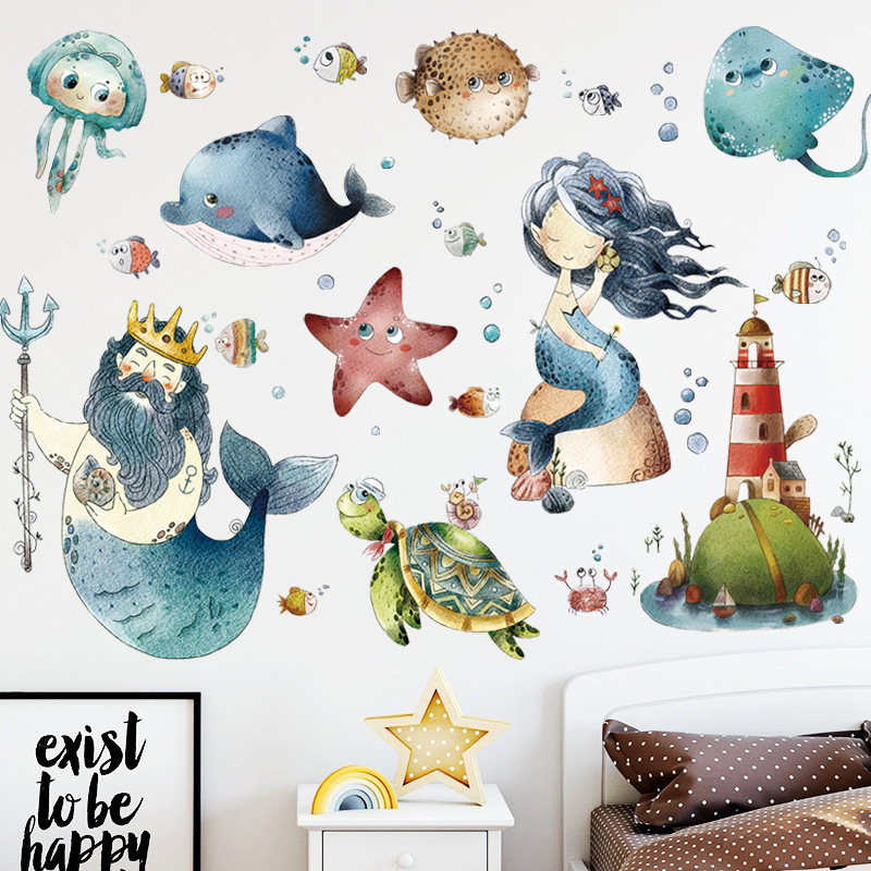 Large Wall Stickers Mermaid for Bathroom Kids Room Marine Animal Murals Vinyl Decals Kindergarten Wall Decoration Wallpapers: Default Title