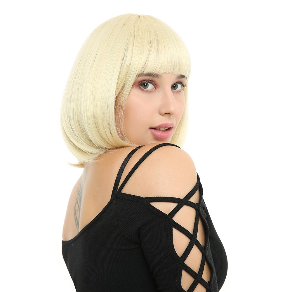 Grillige W Synthetische Korte Bob Rechte Pruiken Blonde Kleur Pruik Voor Vrouwen Natural Hittebestendige Haar