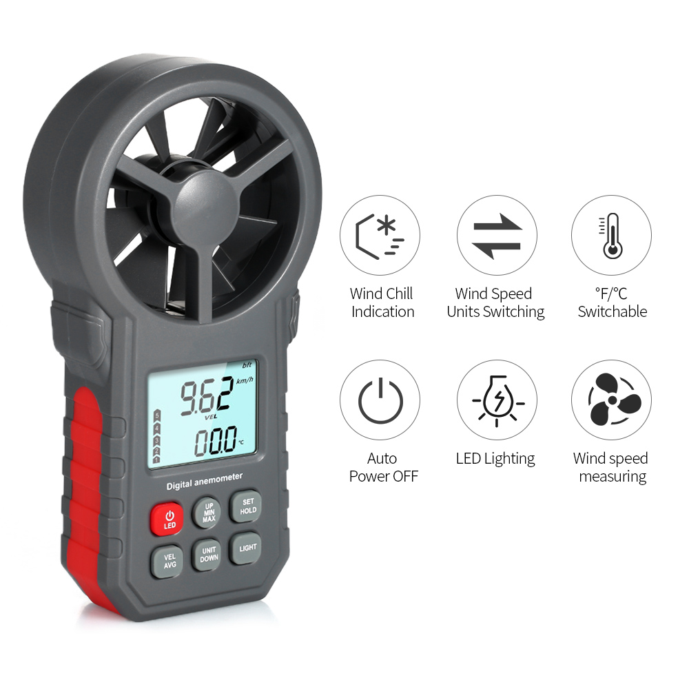 Lcd Digitale Anemometer Windsnelheid Wind Sensor/Luchtsnelheid/Air Temperatuur Test Tool Wind Snelheid Meters Met zaklamp