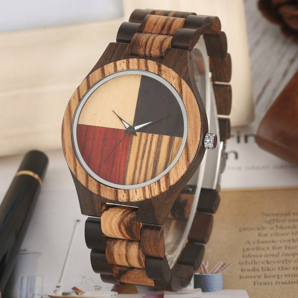 4 Splice Kleur Wijzerplaat Volledige Houten Horloge Mannelijke Vouwsluiting Quartz Hout Horloge Bangle reloj masculino