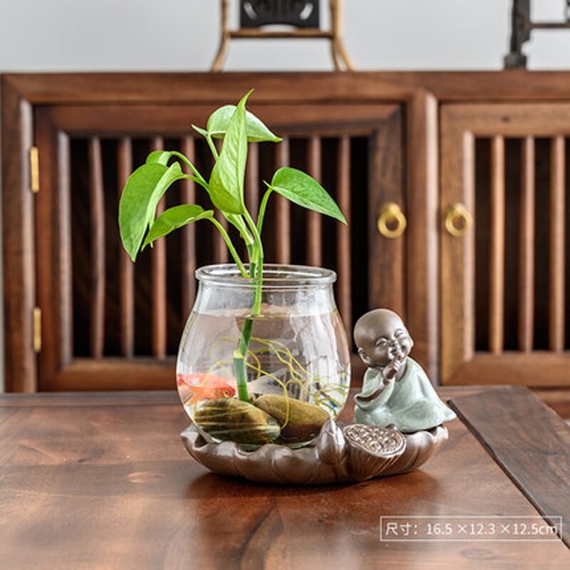 Maceta de cerámica hidropónica para decoración del hogar, florero pequeño de cerámica con maceta de cristal, adornos para té Geyao, para mascotas,: A