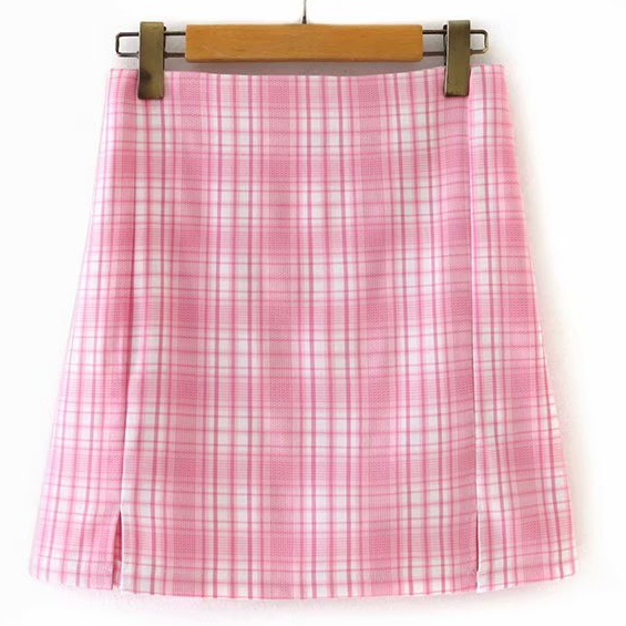 Bazaleas-jupe à carreaux, Mini jupe Tartan blanc rose fendue pour femmes: 1700 PinkWskirt C139 / M