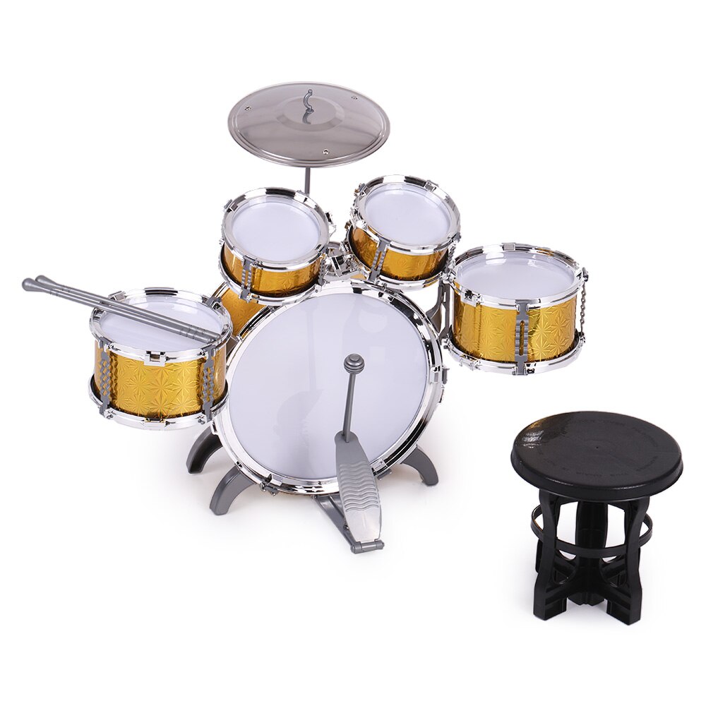 Kinderen Kids Drum Set Muziekinstrument Speelgoed 5 Drums Met Kleine Cimbaal Kruk Drum Sticks Voor Jongens Meisjes: Gold