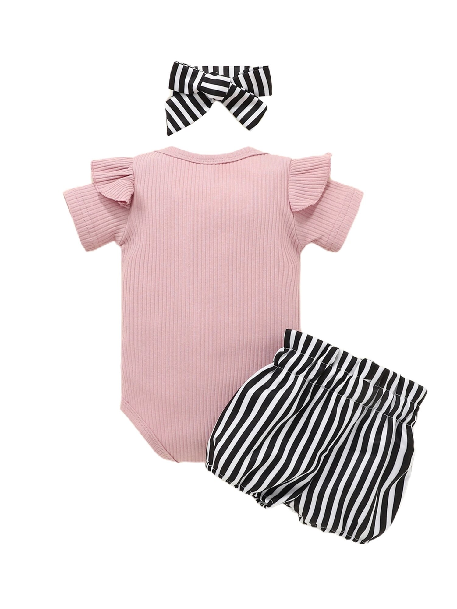 Baby Meisjes Driedelige Kleding Set, Ronde Kraag Korte Mouw Romper, Shorts En Hoofdtooi, blauw/Zwart