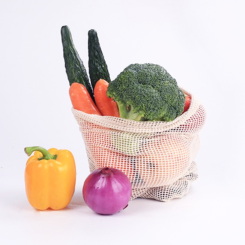 3pcs Cotton Mesh Vegetable Fruit Bags Reusable Mesh Shopping Bag Storage Bag Kitchen Fruit Vegetable with Drawstring