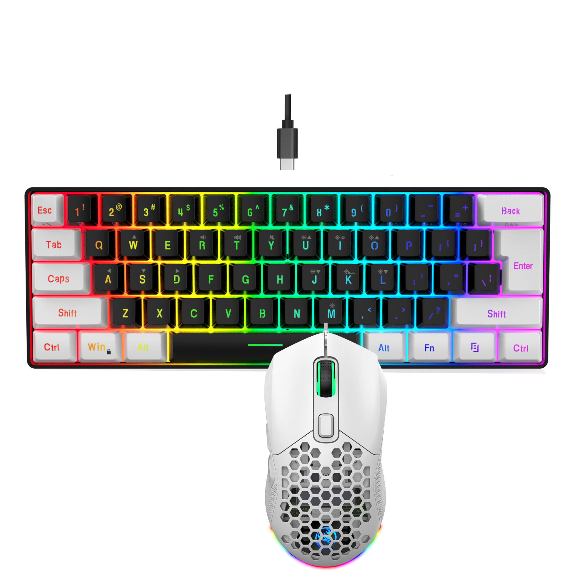 Gorąca sprzedaż zestawów klawiatury i myszy do gier 60% mini podświetlenie RGB ergonomiczna przewodowa mysz z klawiaturą dla graczy laptopów: WHITE