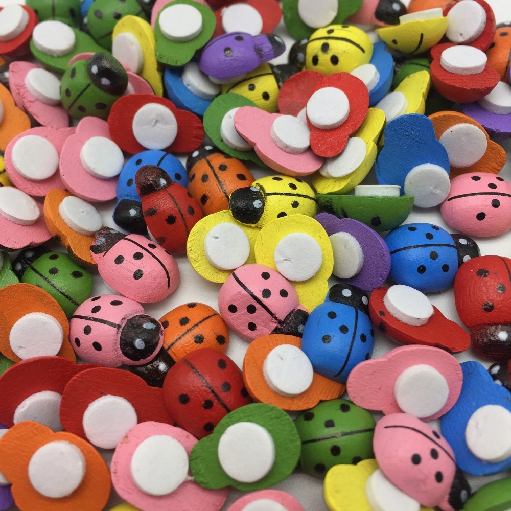 500pcs Assorted Wood Ladybirds/Ladybug Stickers Self-adhesive Easter DIY Crafts Toppers Embellishments 9x12mm