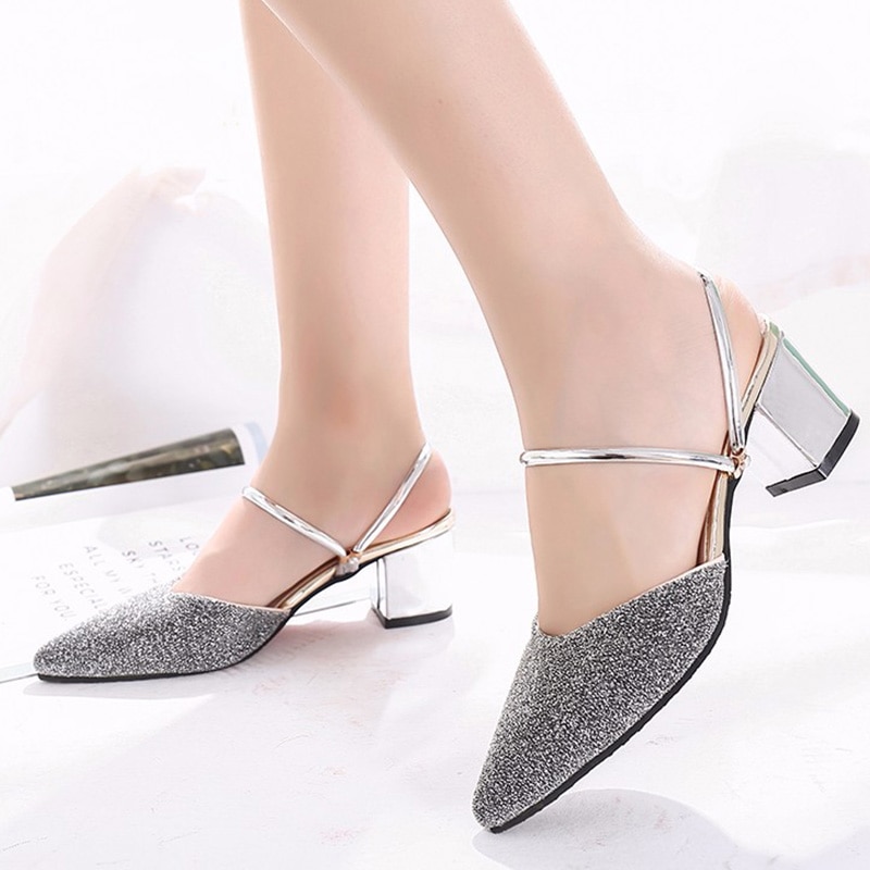 Plus Size 35-43 Summer Women Slippers Pointed Toe Woman Sandals High Heels Slippers Square Heeled Silver Slides Outside 6571
