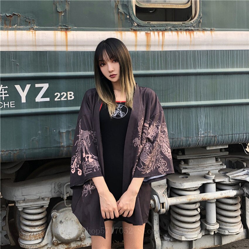 Moda japonesa kimono impressão dragão chinês fino lazer comute protetor solar roupas cardigan robe para meninos e meninas