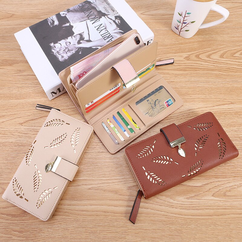 Women Wallet Leather Purse Female Long Wallet Hollow Leaves Pouch Handbag For Ladies Coin Purse Card Holders Clutch