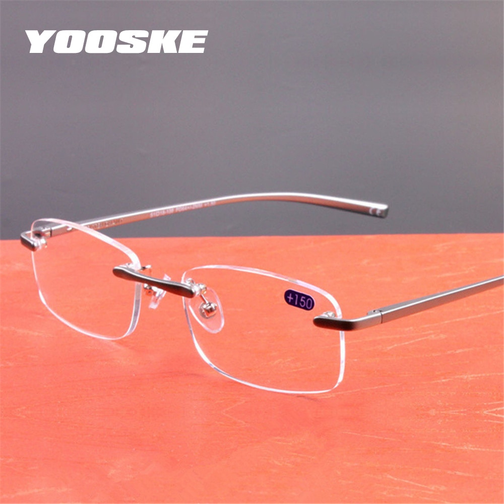 Yooske aluminium rammeløse læsebriller hd linse presbyopia briller kantløse kvinder mænd briller klassiske unisex briller