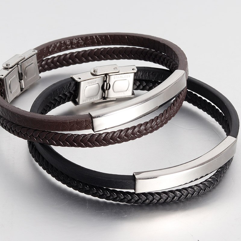 Lederen Armband voor Mannen 316L Rvs Stijl Veiligheid Sluiting Polsband Vintage Mode-sieraden
