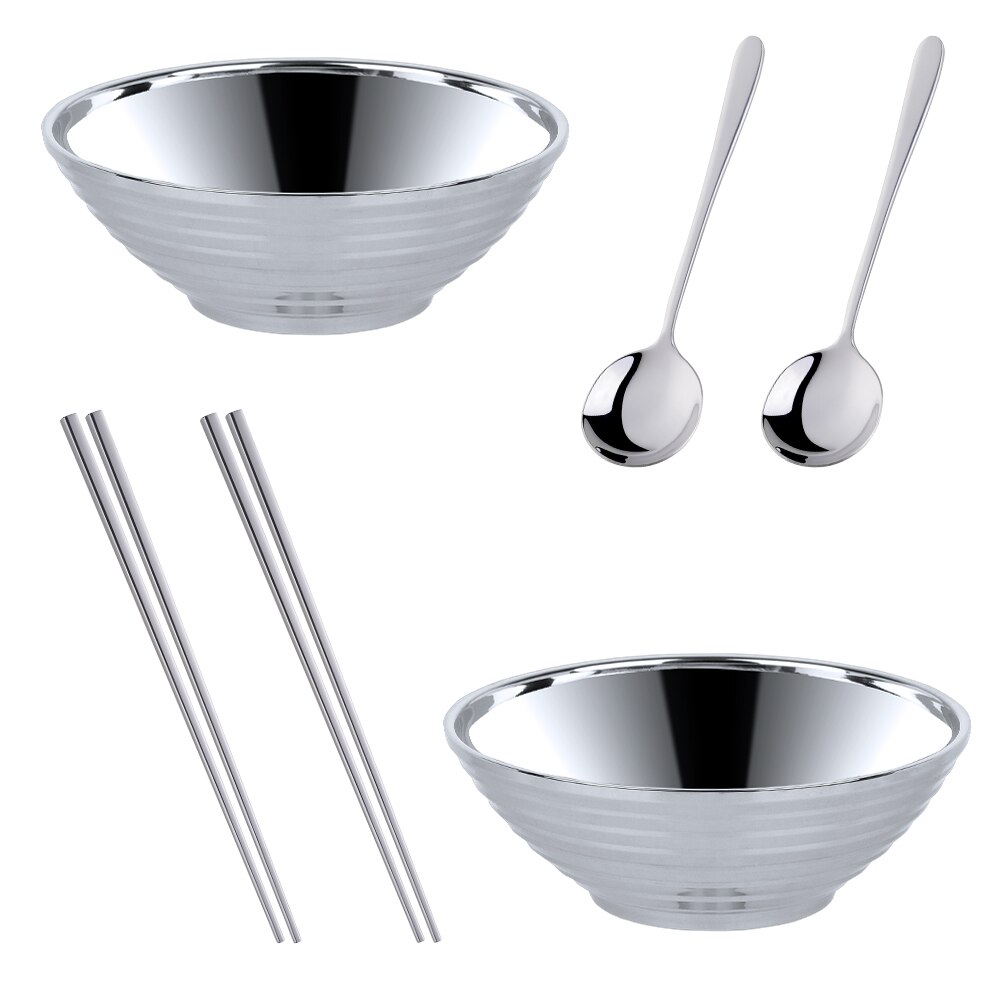 Japanese Stainless Steel Ramen Instant Noodles Bowl Large Rice Soup Salad Double layer Bowl For Restaurant Kitchen Tableware: Silver 6pcs