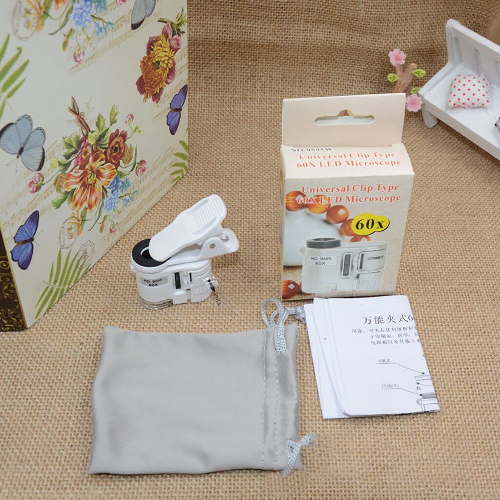 9595W 60x Mobiele Telefoon Microscoop Vergrootglas Universele Led Instrument Macro Lens Led Uv Licht Mini Mobiele Telefoon Clip Microscoop