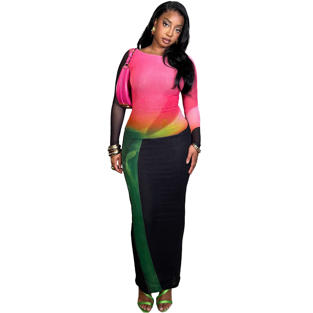 Tie-dye printet mesh-kjole kvinder fuldærmet bodycon maxikjoler aften sexet afslappet fest high street lang kjole: Xl