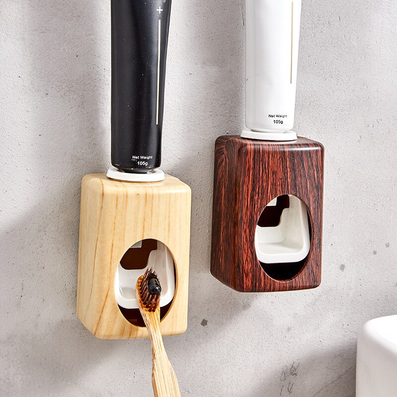 Wall Mount Wood Grain Automatic Toothpaste Squeezer Punch-free Toothbrush Rack Lazy Toothpaste Squeeze Artifact