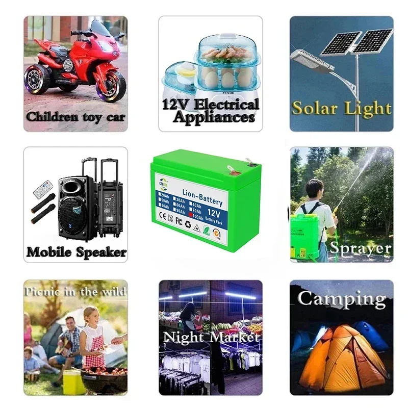 12V 100Ah lithium ion Rechargeable Battery Charger Deep Cycle Battery Pack For Kid Scooters with Built-in BMS Power display