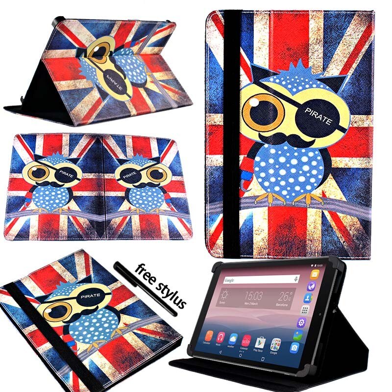 KK&LL For Alcatel OneTouch Pixi 3 10 inch - Leather Tablet Stand Folio Cover Case + Free stylus: Owl Pirate