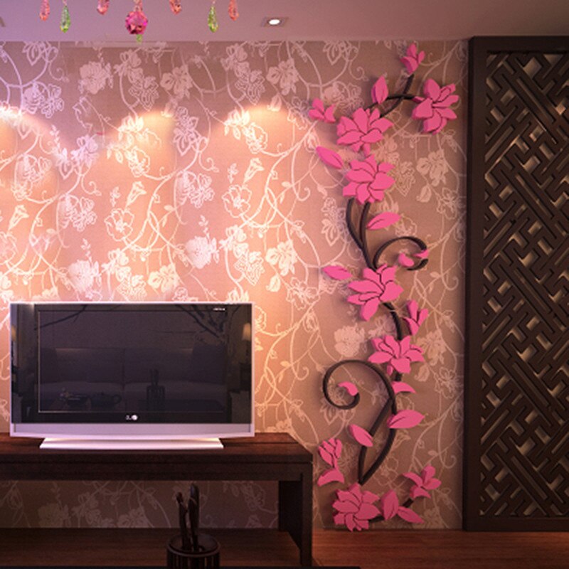 3D Acryl Muursticker DIY Rose Bloem Wijnstok Muurstickers Muurschilderingen Behang Thuis TV Sofa Achtergrond Muur Poster Decoratie: Roze