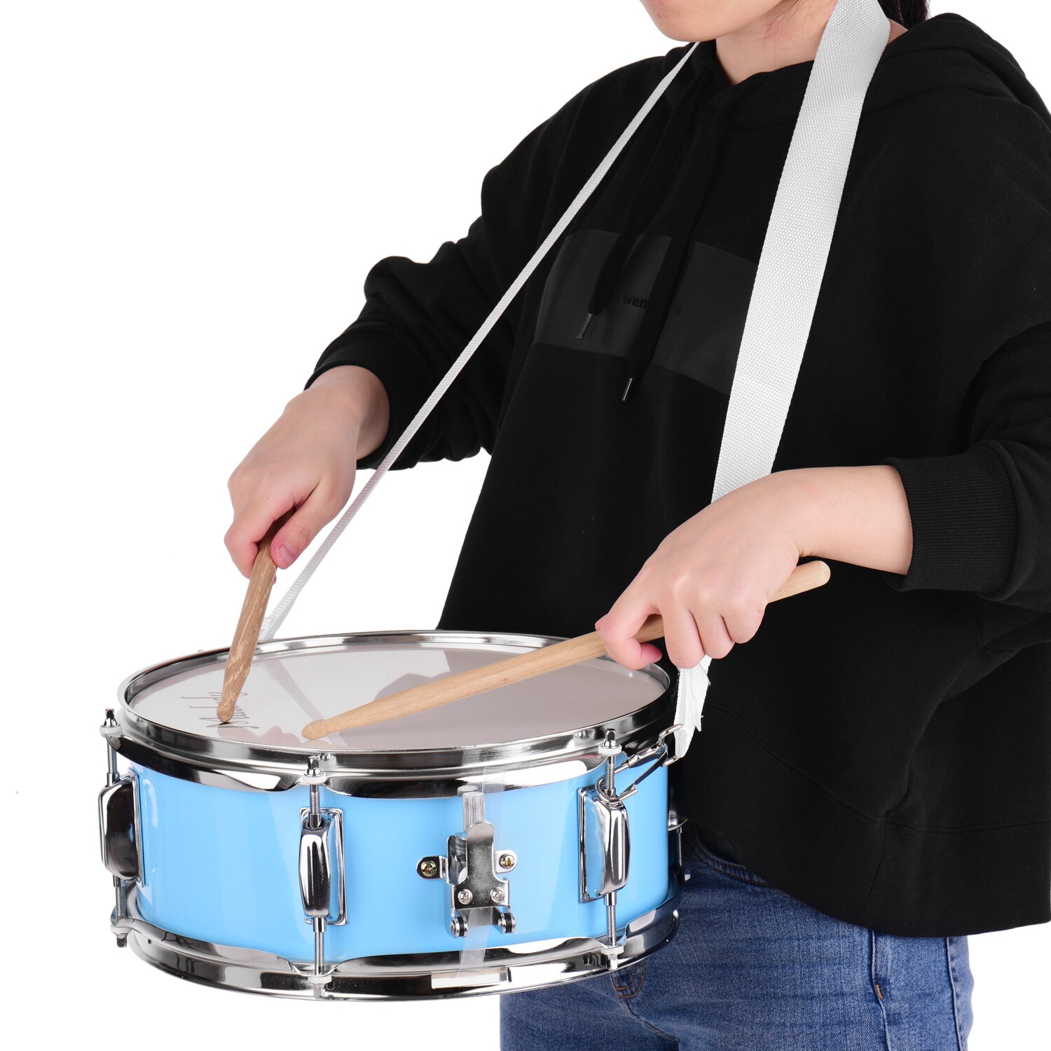 Muslady 12inch Snare Drum Head with Drumsticks Shoulder Strap Drum Key for Student Band percussion instrument: 12inch light blue