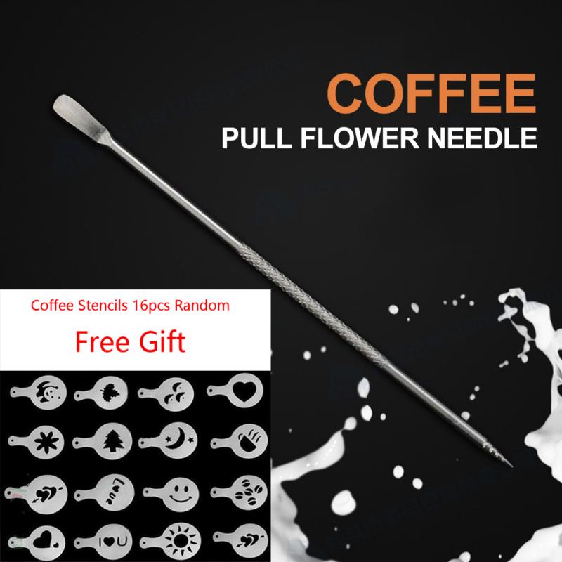 1 stk kaffekunstnåle kaffepindeværktøj sabotage nål espresso barista kaffeudstyr med gratis kaffestencils 16 stk tilfældig