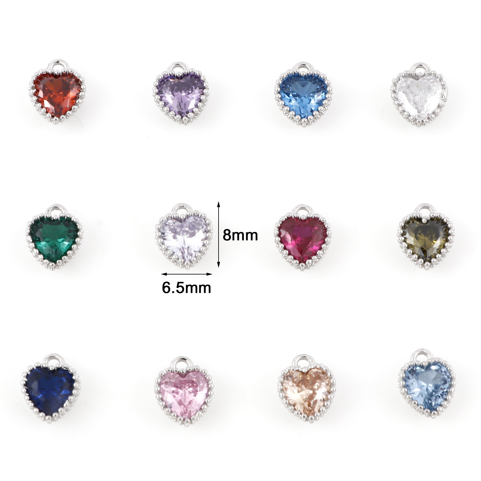 Abalorios de piedra de nacimiento de 2 piezas, 12 colores, corazón, Color plateado, colgantes para collar, pulsera, fabricación de joyas, cuentas de diamantes de imitación Diy, 8x6,5mm