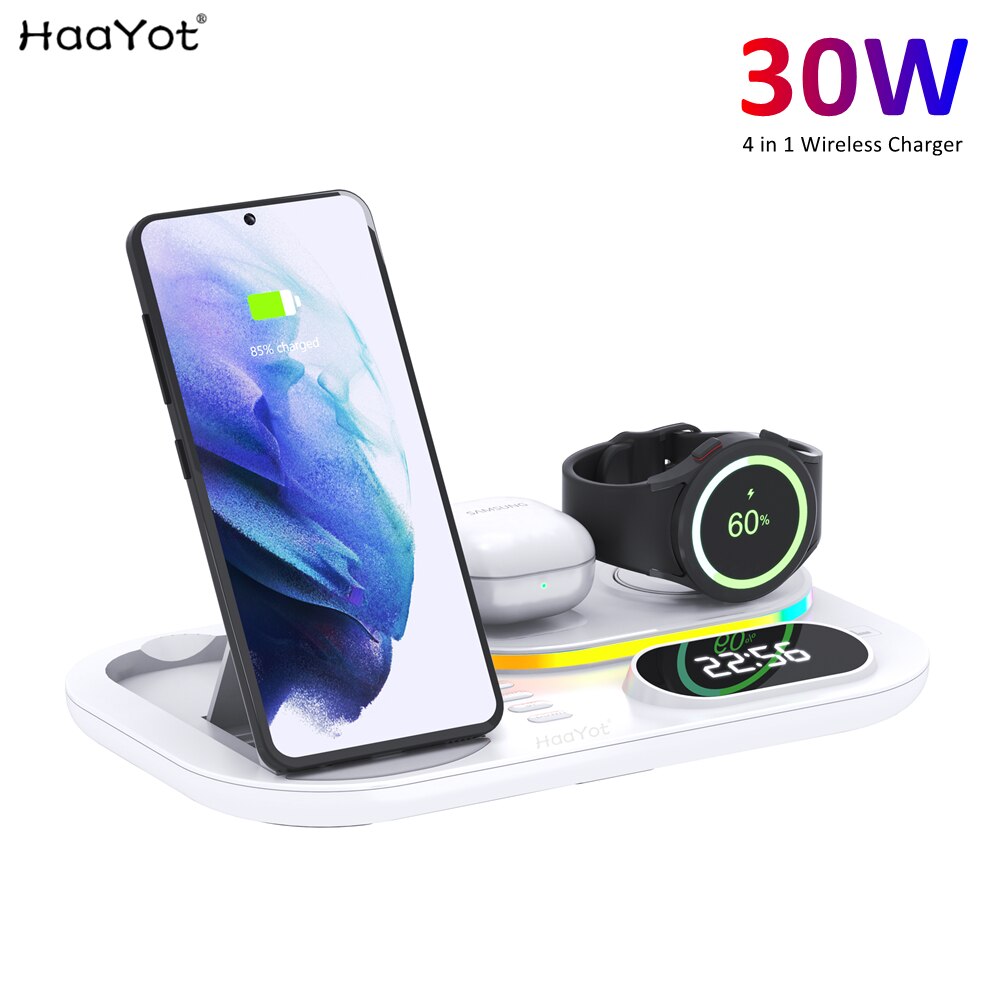 Galaxy Watch RGB 30W Wireless Charger Dock Qi 4 in 1 Charging Station Compatible with Apple Airpods iPhone Samsung S21 Note 20