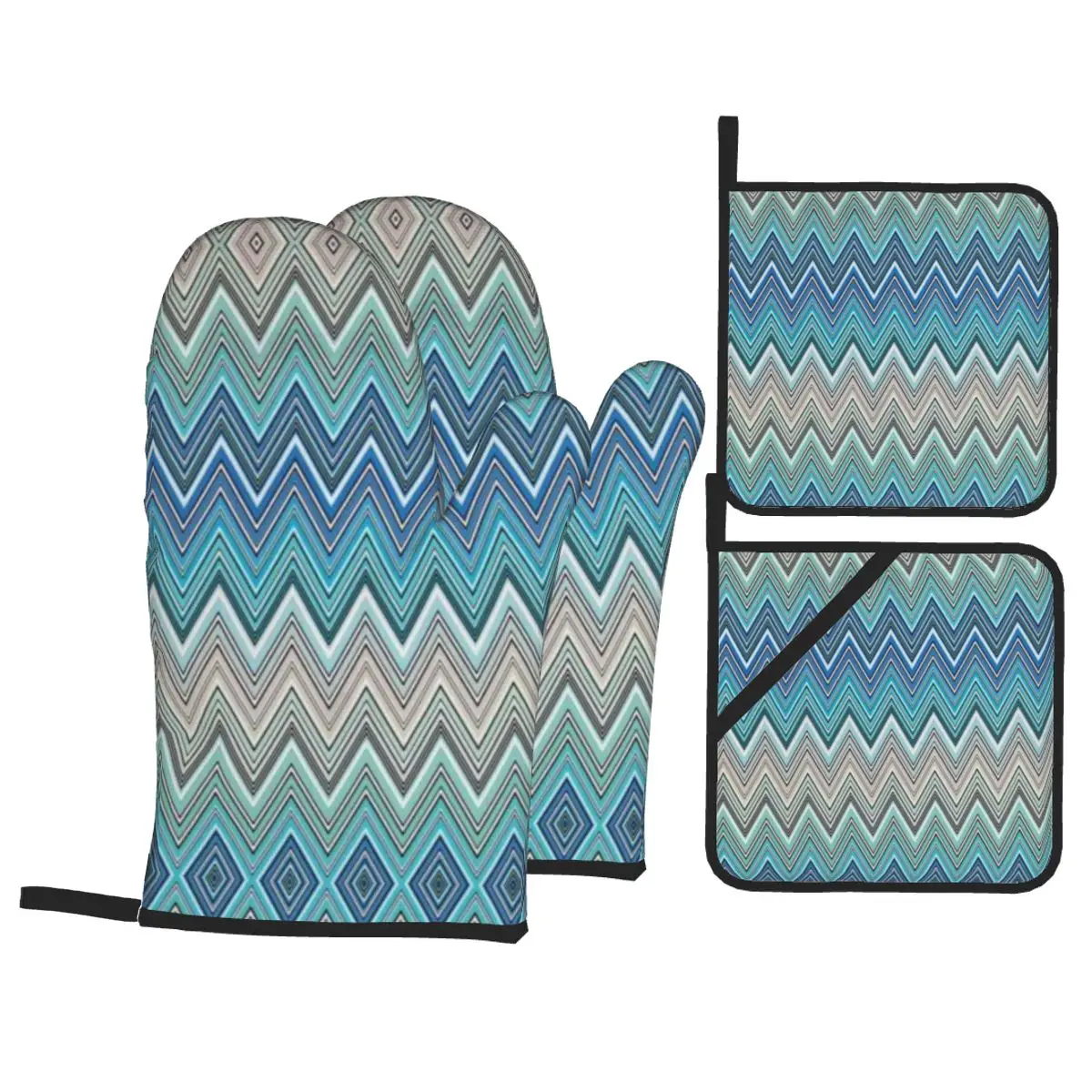 ZigZag Oven Mitts and Pot Holders 4pcs Set for Baking Cooking Non-Slip Heat Resistant Geometric BBQ Kitchen Gloves Potholders: Blue
