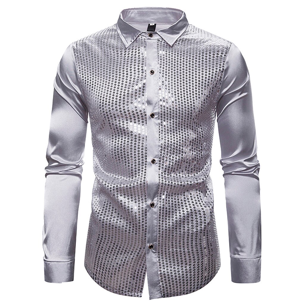 Los hombres Club mostrar Hosting cuello solapa camisa de manga larga camisa social masculina chemise homme camisas hombre camisa hombre: Plata / XXL