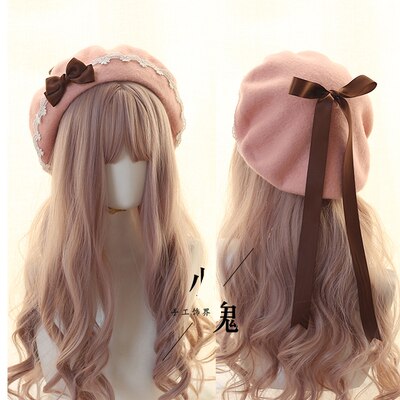 Søt jente lolita kjole tilbehør rosa kawaii bowknot beret søt blonder lett matchende høst vinter loli lue