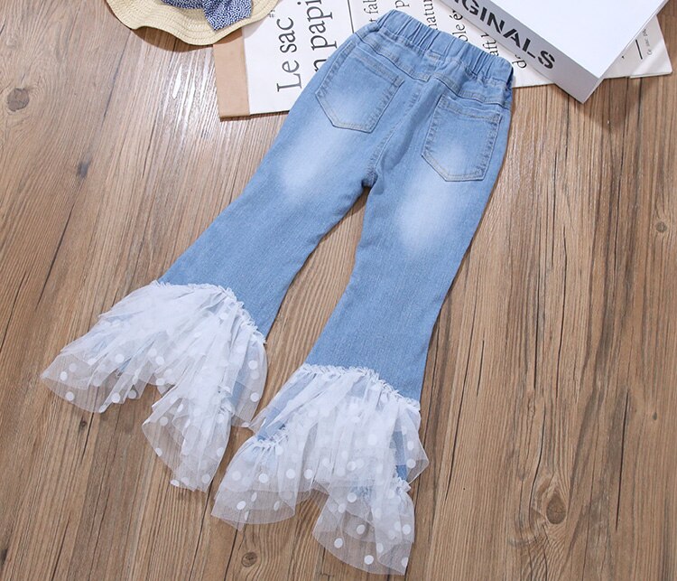 Pantalones de mezclilla para niñas, pantalones de encaje de retales de primavera , pantalones vaqueros para niños, pantalones con volantes para niñas, pantalones de tela vaquera con corte de bota