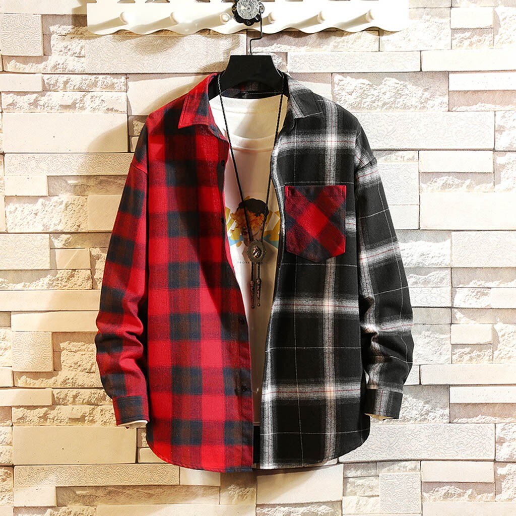 Koszule męskie jesień Plaid Patchwork koszula z guzikami człowiek malowanie Top na co dzień mężczyzna kołnierz na dół bluzka biznes płaszcze casualowe 19Nov07