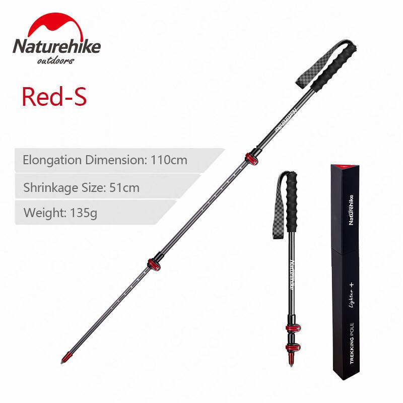 Naturehike – bâton de marche ultraléger en Fiber de carbone, 135g, 3 sections, Portable, verrouillage extérieur, randonnée, escalade: S-Red